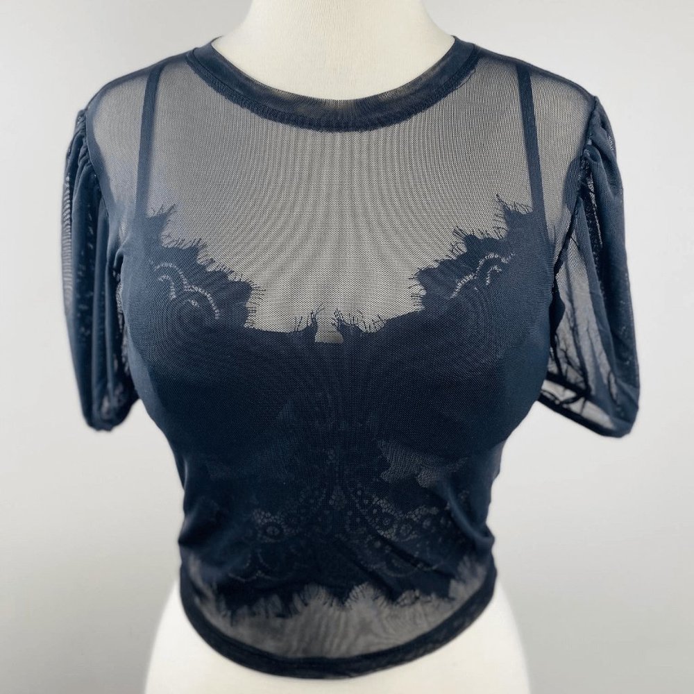 Black Mesh Puff Sleeve Top